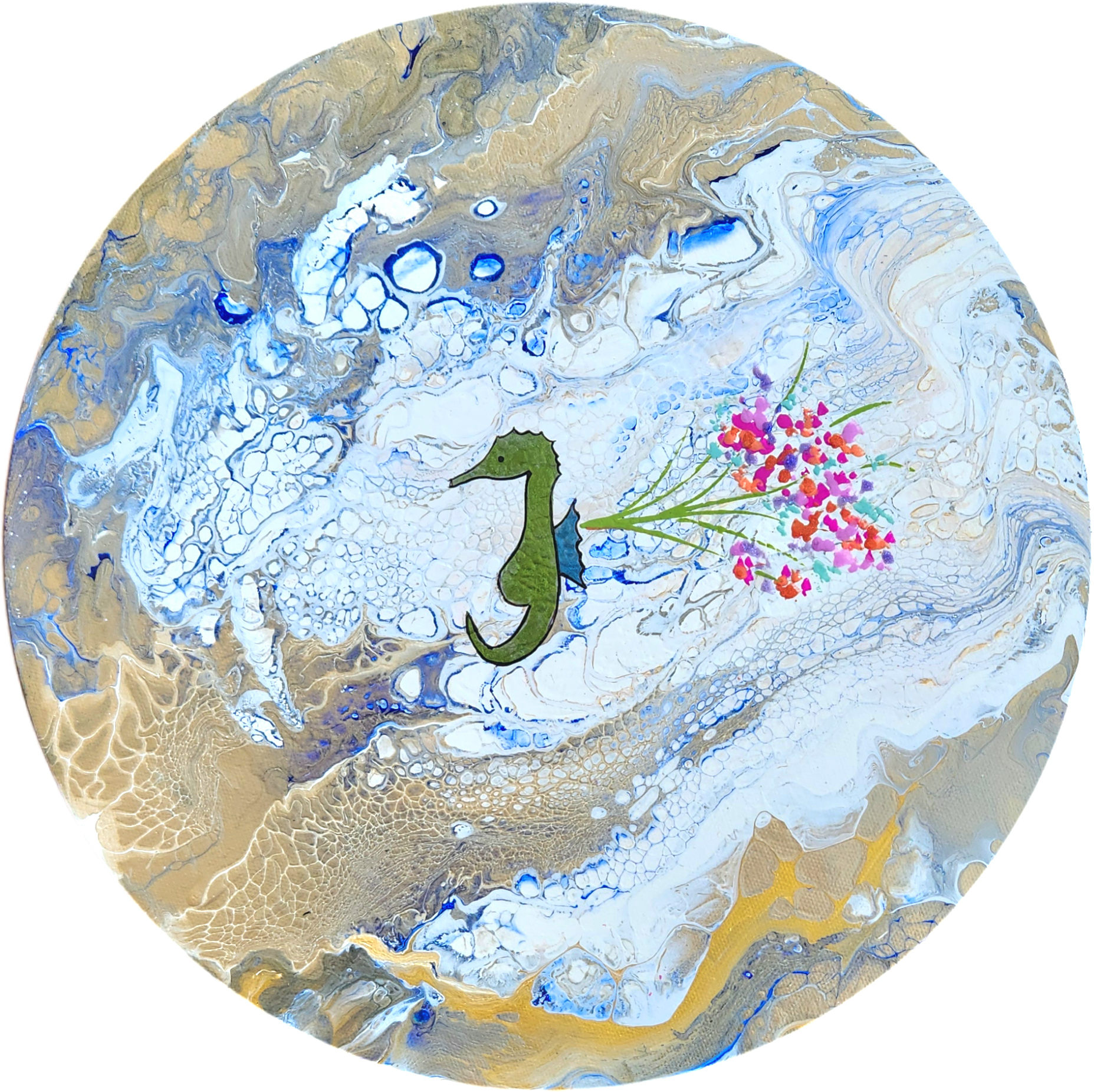 12" Fluid Art Painting- Seahorse with Bouquet of Flowers