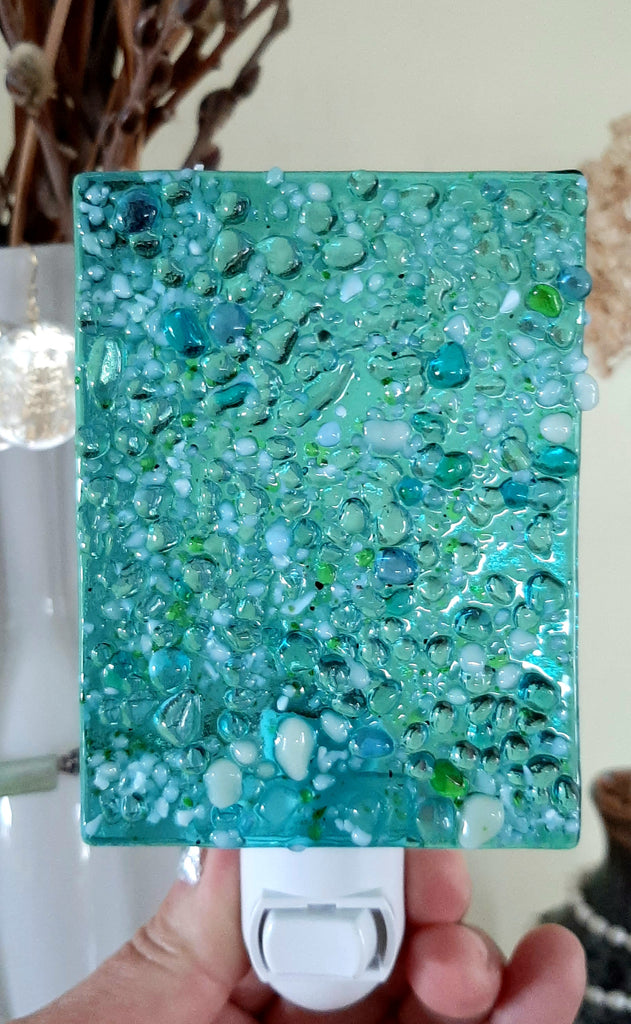abstract aqua blue Dana Boyko Fused Glass nightlight night light raindrops collection