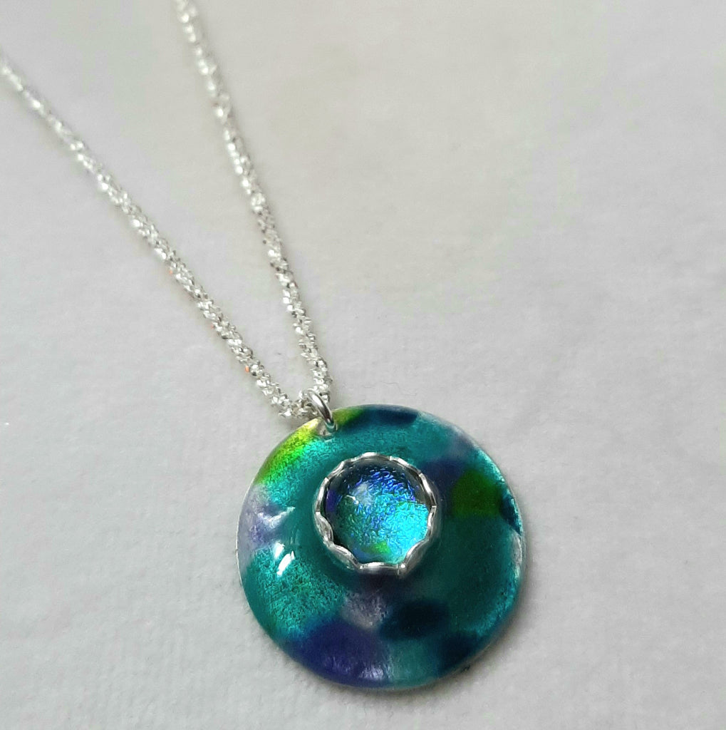 Dana Boyko Fused Glass enameled pendant on fine silver with bezel set fused Dana Boyko Fused Glass cabochon