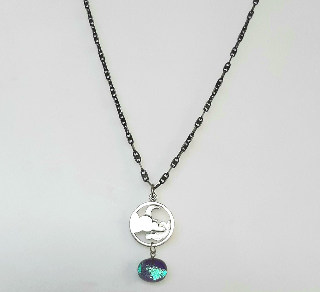 sterling silver Dana Boyko Fused Glass necklace with clouds and crescent moon