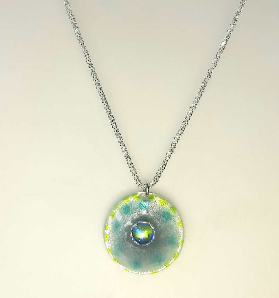 Dana Boyko Fused Glass enameled pendant with fused Dana Boyko Fused Glass bezel set cabochon