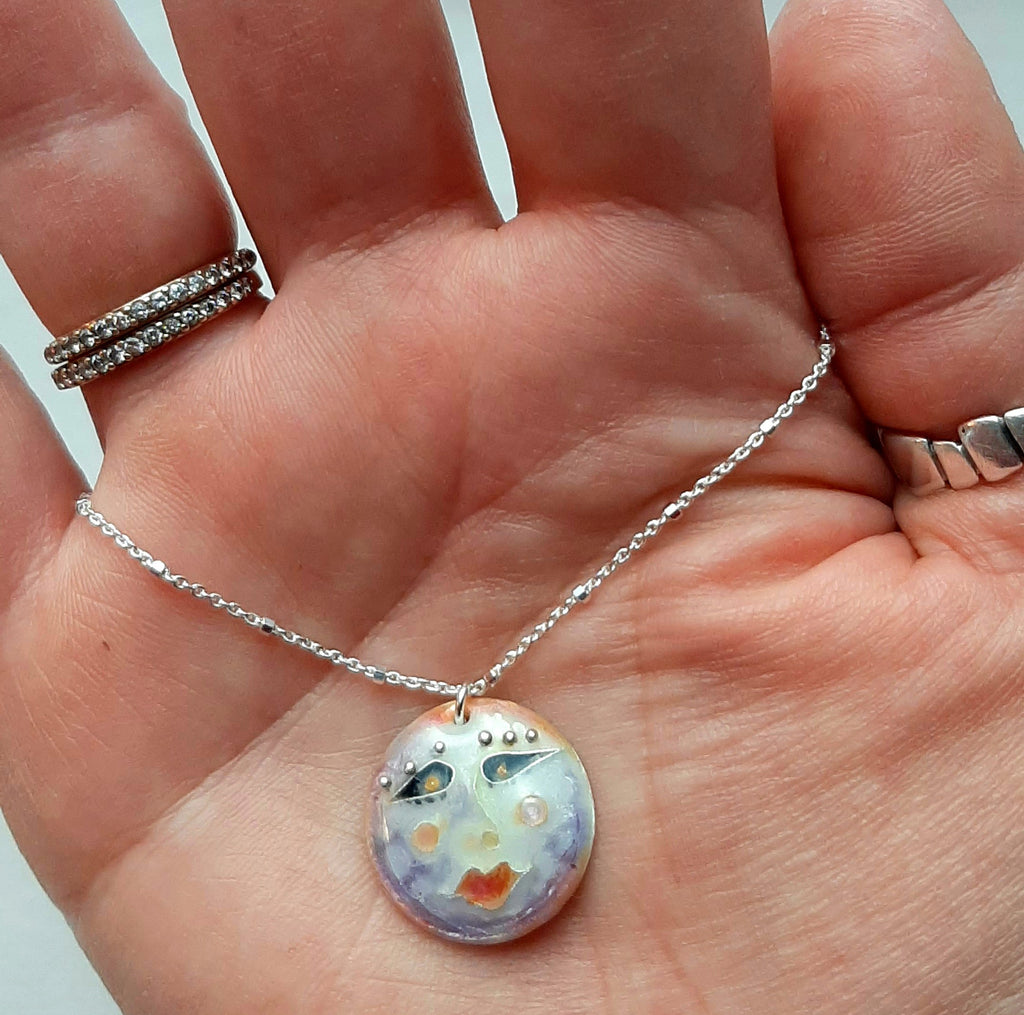 cloisonne Dana Boyko Fused Glass enameled pendant woman in the moon collection